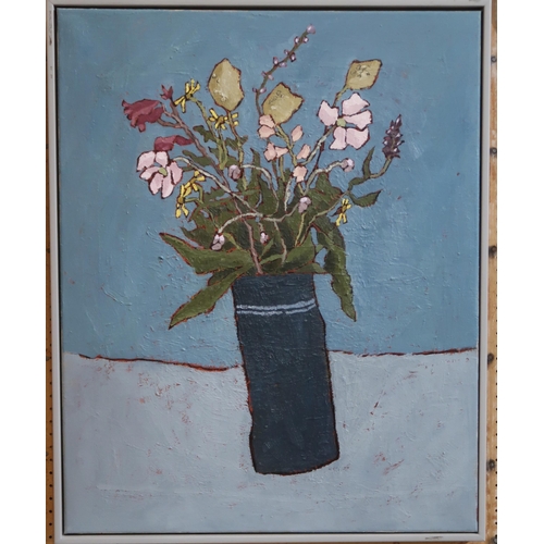 920 - JANE HOOPER (ENGLISH b.1968), Wild flower in blue pot, oil on canvas, 73 x 60cm, signed and titled v... 