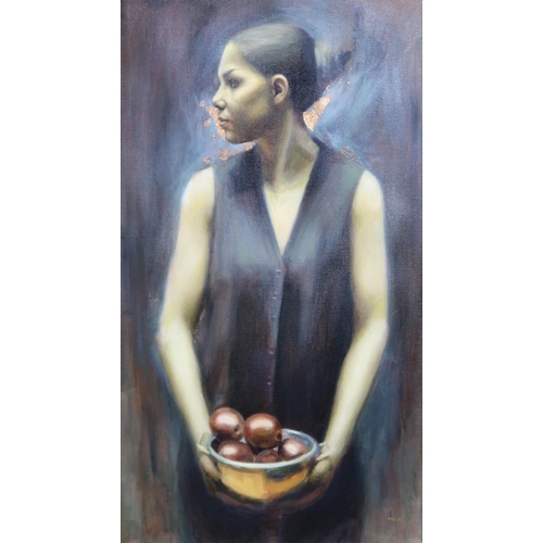 921 - DENISE FINDLAY (SCOTTISH b.1973), Girl with bowl of apples, signed lower right, 104 x 58cm... 