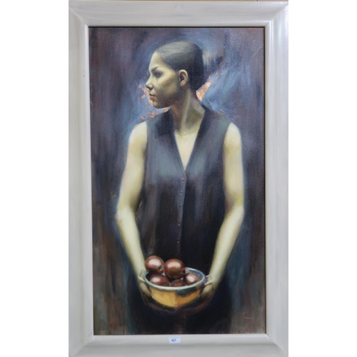 921 - DENISE FINDLAY (SCOTTISH b.1973), Girl with bowl of apples, signed lower right, 104 x 58cm... 