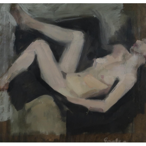 951 - DELNY GOALEN (SCOTTISH 1932-2023) NUDE ON CHAIR Oil on board, signed lower right, 25 x 25cm... 