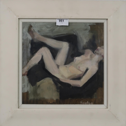 951 - DELNY GOALEN (SCOTTISH 1932-2023) NUDE ON CHAIR Oil on board, signed lower right, 25 x 25cm... 