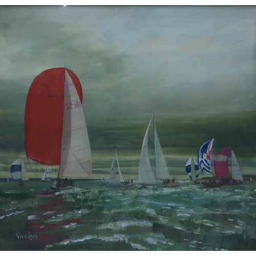 954 - DELNY GOALEN (SCOTTISH 1932-2023) SPINNAKERS UP! TARBERT Oil on canvas, signed lower left, 80 x 84cm... 