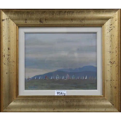 957 - DELNY GOALEN (SCOTTISH 1932-2023) ARRAN, IN THE DISTANCE Oil on canvas, signed lower left,... 