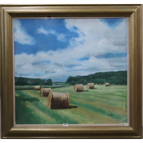 958 - DELNY GOALEN (SCOTTISH 1932-2023) HAY BALES ON A MEADOW Oil on canvas, signed lower right,... 