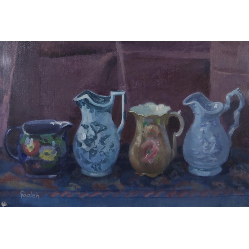 966 - DELNY GOALEN (SCOTTISH 1932-2023) STILL LIFE WITH JUGS Oil on canvas, signed lower left, 3... 