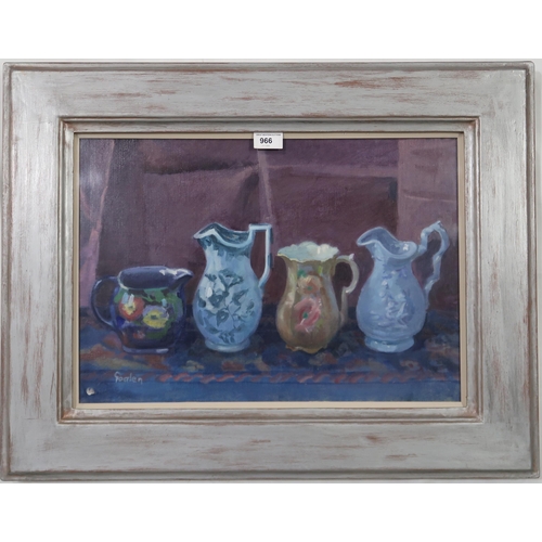 966 - DELNY GOALEN (SCOTTISH 1932-2023) STILL LIFE WITH JUGS Oil on canvas, signed lower left, 3... 