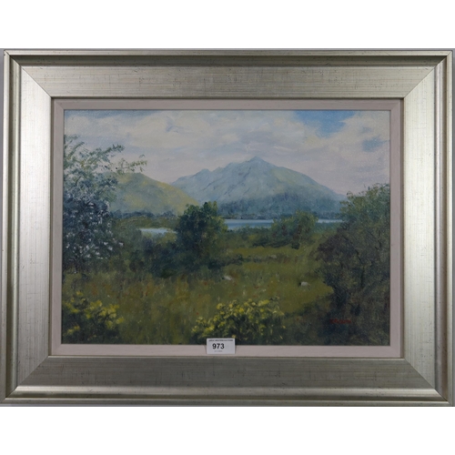 973 - GORDON ADAMS (SCOTTISH CONTEMPORARY) LOCH ETIVE AND BEN CRUACHAN FROM CONNEL Oil on canvas, signed l... 