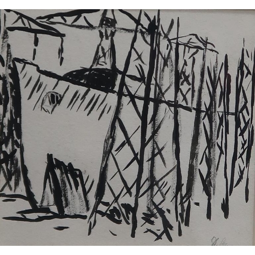 975 - DONALD BAIN (SCOTTISH 1904-1979) BOAT YARD Ink on paper, signed lower right, 13.5 x 13.5cm... 