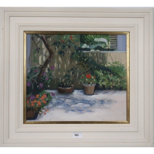 985 - IRENE LESLEY MAIN (SCOTTISH b.1959) A CORNER OF THE GARDEN, CYPRUS Oil on board, signed lower left, ... 