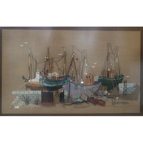 988 - CONTEMPORARY SCHOOL PORT SCENE Mixed media, signed lower right 'L.Duncan', 46 x 77cm ... 