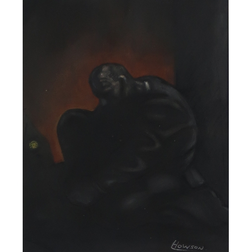 3011 - PETER HOWSON OBE (BRITISH B.1958)CROUCHING FIGUREMixed media on black paper, signed lower right,35.5... 