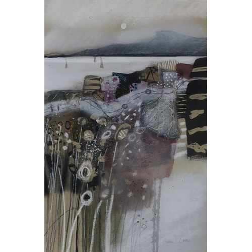 3021 - EMMA S DAVIS RSW PAI (SCOTTISH B.1975)MIST OVER EIGGMixed media and collage on paper, signed lower r... 