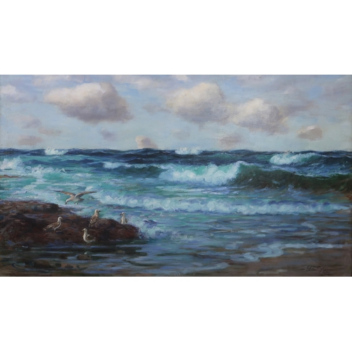 3032 - JOHN MYLNE (SCOTTISH fl.1886-1919)SUMMER SEAOil on canvas, signed lower right, dated 1900, 73 x 122c... 