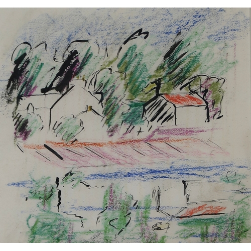 3044 - DONALD BAIN (SCOTTISH 1904-1979)FRENCH VILLAGEInk and crayon, indistinct initial lower right, 21 x 2... 