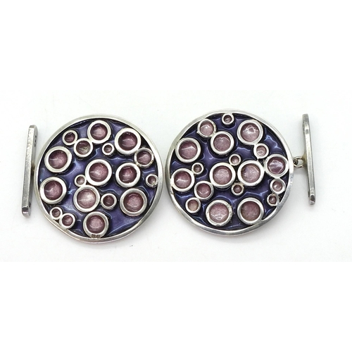 2775 - NORMAN GRANT CUFFLINKSfrom the 'Honesty collection' mounted in silver and enamelled in pink and purp... 