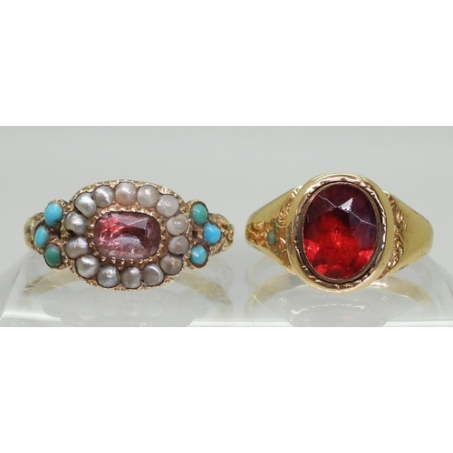 2779 - TWO VINTAGE RINGSa bright yellow metal flower ring set with a foiled back rock crystal, surrounded w... 