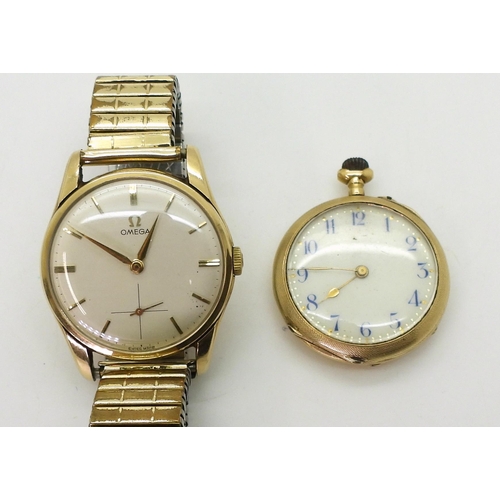 2932 - A GENTS OMEGA & A FOB WATCHThe 9ct gold gents Omega wristwatch has a cream dial with a cross hai... 