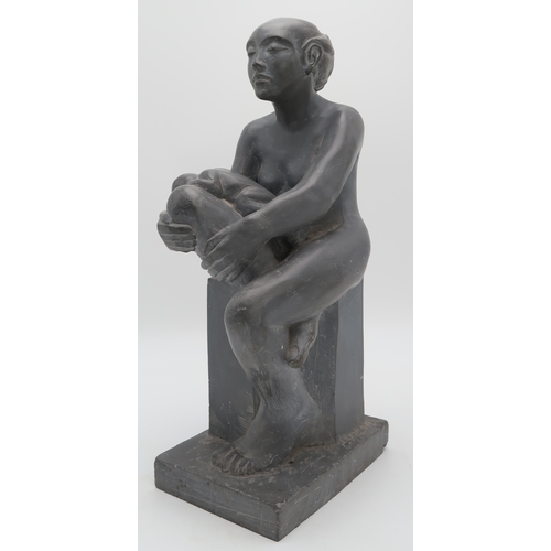 3060 - EUROPEAN SCHOOL (20thC)SEATED FEMALE NUDE WITH BABYCarved soapstone, 51cm (20