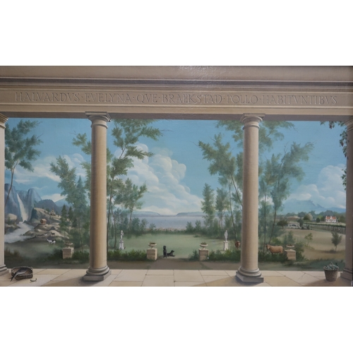 3074 - A DECORATIVE 20thC TROMPE L'OEIL TERRACE AND LANDSCAPEOil on canvas, laid down, 69 x 106cm (27.25 x ... 