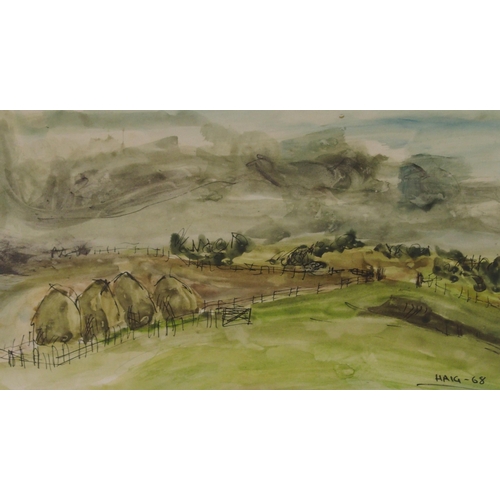 1003 - ATTRBUTED TO EARL HAIG OBE RSA (SCOTTISH 1918-2009) HAYSTACKS NEAR REDPATH Watercolour and ink o pap... 