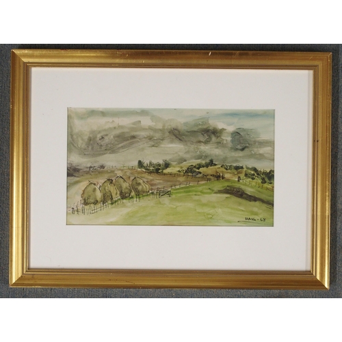 1003 - ATTRBUTED TO EARL HAIG OBE RSA (SCOTTISH 1918-2009) HAYSTACKS NEAR REDPATH Watercolour and ink o pap... 