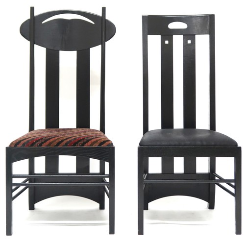 2115 - A LOT OF TWO 20TH CENTURY AFTER CHARLES RENNIE MACKINTOSH EBONISED CHAIRS the first with pierced ova... 