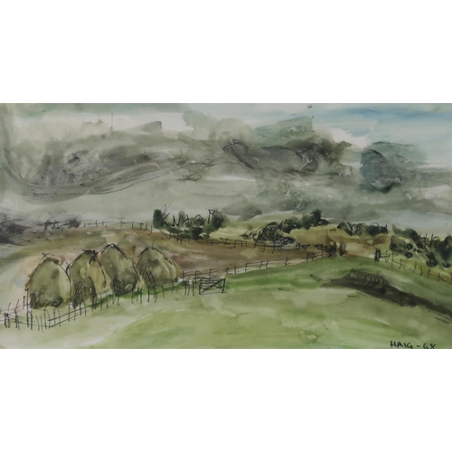 1003 - ATTRBUTED TO EARL HAIG OBE RSA (SCOTTISH 1918-2009) HAYSTACKS NEAR REDPATH Watercolour and ink o pap... 