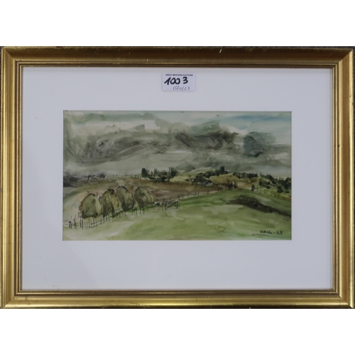 1003 - ATTRBUTED TO EARL HAIG OBE RSA (SCOTTISH 1918-2009) HAYSTACKS NEAR REDPATH Watercolour and ink o pap... 