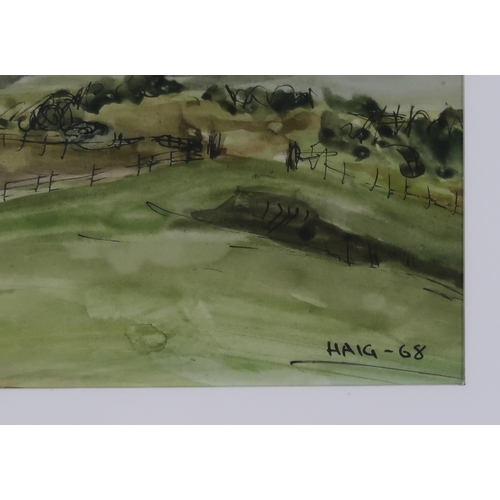 1003 - ATTRBUTED TO EARL HAIG OBE RSA (SCOTTISH 1918-2009) HAYSTACKS NEAR REDPATH Watercolour and ink o pap... 