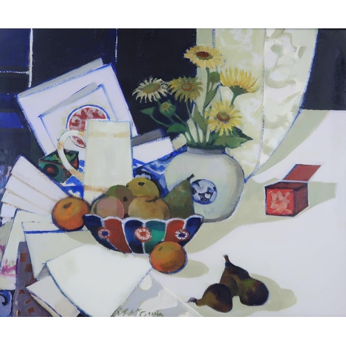 977 - MARGARET MCGAVIN (SCOTTISH 1924-2004) STILL LIFE WITH LITTLE RED BOX Oil on board, signed lower left... 