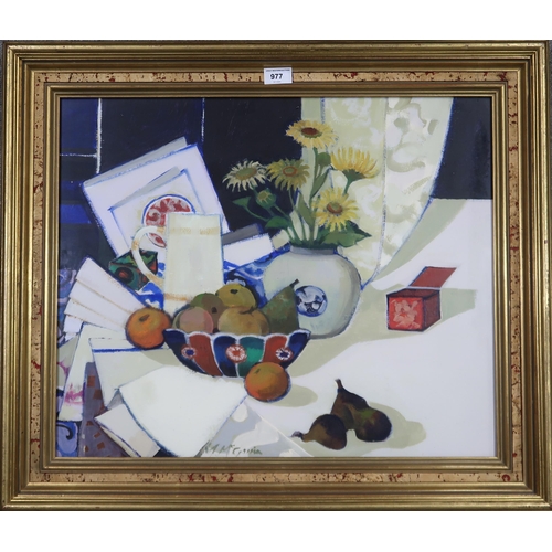 977 - MARGARET MCGAVIN (SCOTTISH 1924-2004) STILL LIFE WITH LITTLE RED BOX Oil on board, signed lower left... 