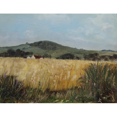 986 - CONTEMPORARY SCHOOL CORNFIELD, FARM AND KELLIE LAW - FIFE 1975 Oil on canvas, signed lower... 