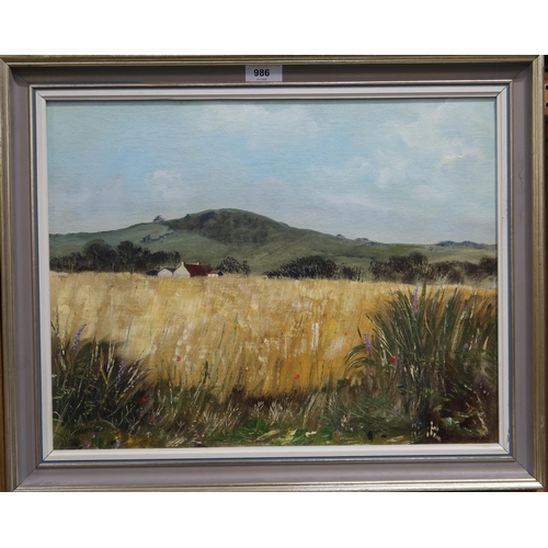 986 - CONTEMPORARY SCHOOL CORNFIELD, FARM AND KELLIE LAW - FIFE 1975 Oil on canvas, signed lower... 