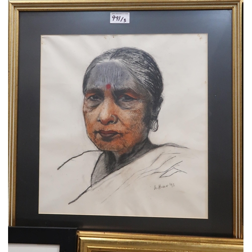 991 - ALISON HARPER (SCOTTISH b. 1964) INDIAN GIRL Charcoal on paper, signed lower right, dated ... 