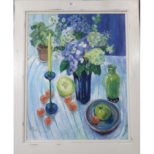 993 - KATRINA SCOTT (CONTEMPORARY SCHOOL) STILL LIFE WITH HYDRANGEAS Oil on board, signed lower ... 