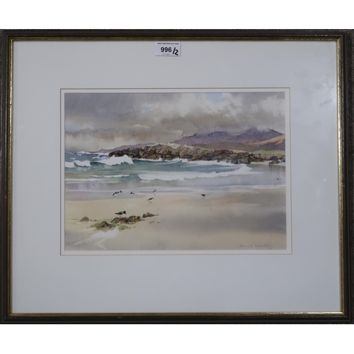 996 - KENNETH ROBERTSON (SCOTTISH CONTEMPORARY) WAVES AND OYSTERCATCHERS, S.UIST Watercolour, signed lower... 