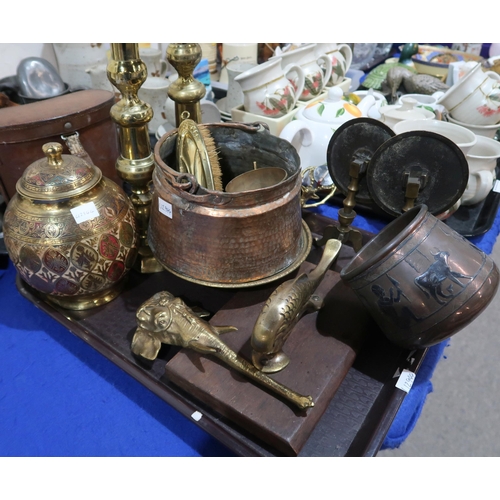 144 - A mounted nut cracker in the form of a fish, an elephant head, brass candlesticks, pottery lampbase,... 