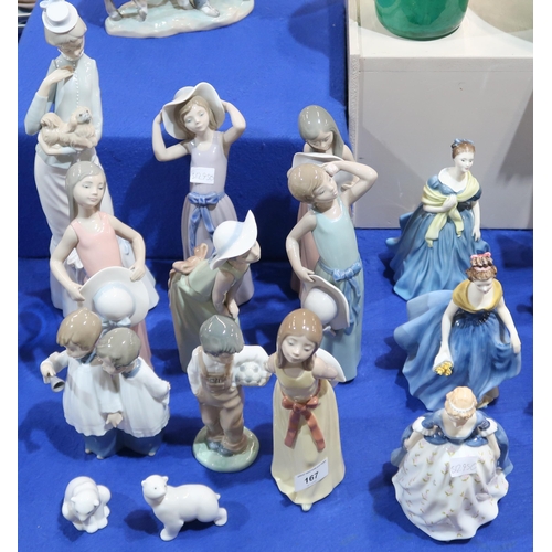 167 - A collection of Lladro and Nao figures and three Royal Doulton ladies