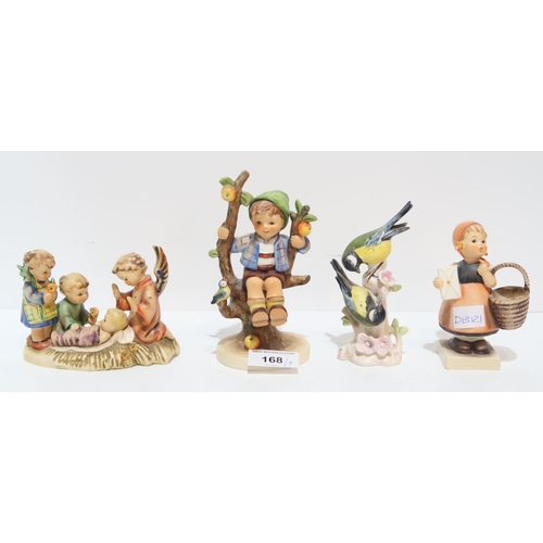 168 - Three Hummel figures including a nativity candleholder and a Goebel bird group