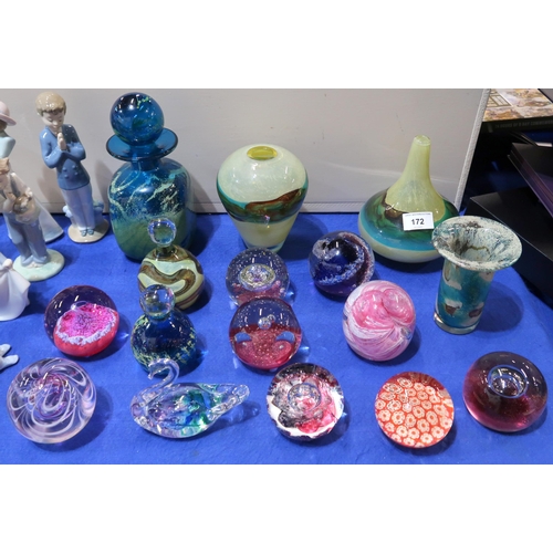 172 - A collection of Mdina glass vases and weights and Caithness and other paperweights