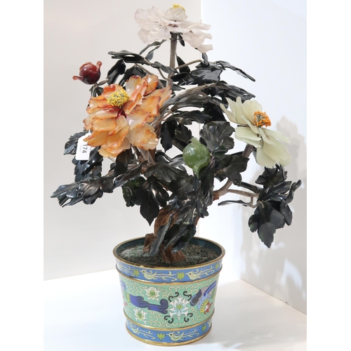 174 - A Chinese hardstone floral tree in cloisonne pot, 54cm high