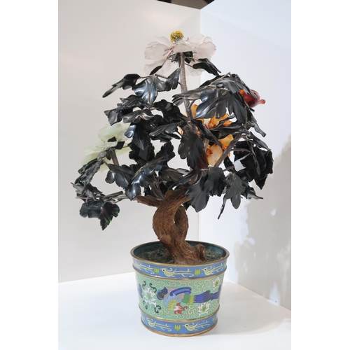 174 - A Chinese hardstone floral tree in cloisonne pot, 54cm high