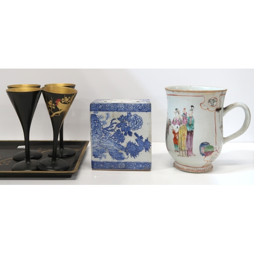 175 - A Chinese blue and white pillow, a Chinese export mug, a lacquer tray and goblets