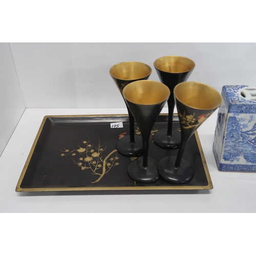 175 - A Chinese blue and white pillow, a Chinese export mug, a lacquer tray and goblets