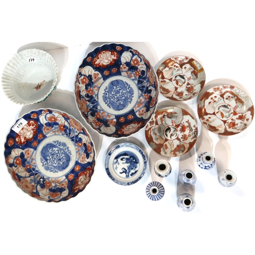 179 - Two oval Imari dishes, blue and white plate, six small Chinese vases etc