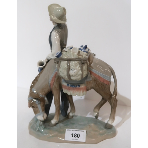 180 - A Lladro figure of a peddler and a donkey, carrying china wares