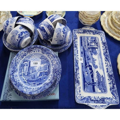 199 - A Spode Italian pattern tea set comprising six cups, saucers, plates, oblong plate, two bowls, two p... 