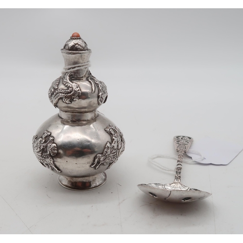 267 - A Chinese silver snuff bottle, of double gourd form, decorated with dragons and a figure riding a ky... 