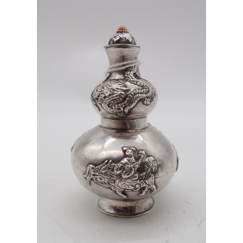 267 - A Chinese silver snuff bottle, of double gourd form, decorated with dragons and a figure riding a ky... 