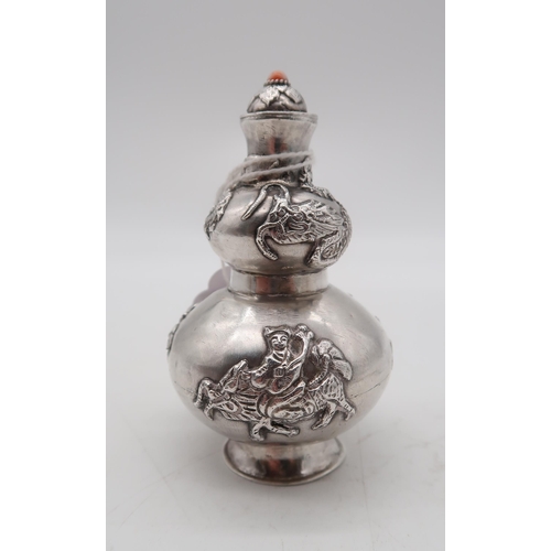 267 - A Chinese silver snuff bottle, of double gourd form, decorated with dragons and a figure riding a ky... 